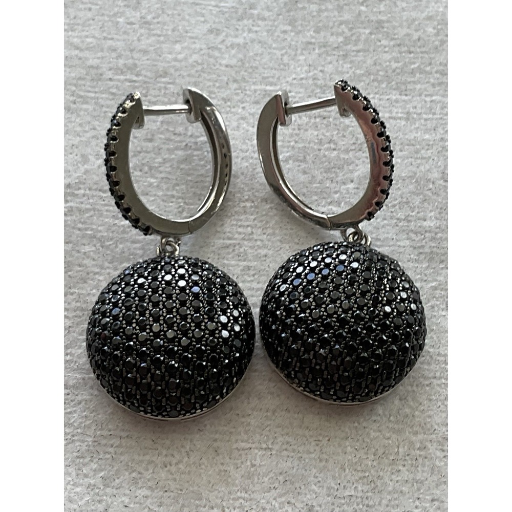 925 Sterling Silver Pave-set black spinel ball design Drop Earrings